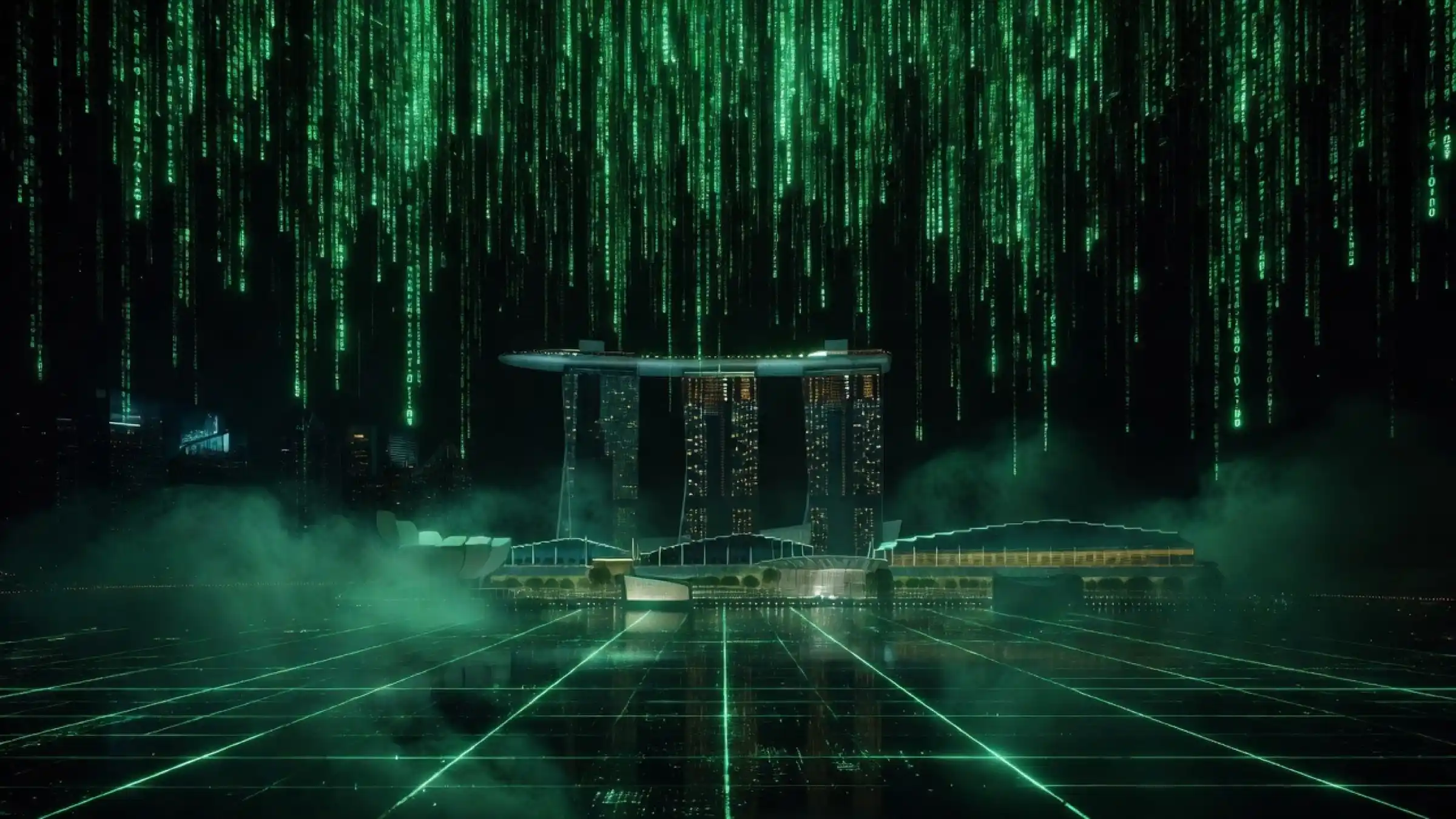 Stylized night view of Singapore Marina Bay with Marina Bay Sands, the ArtScience Museum, and the Merlion, under falling green code.